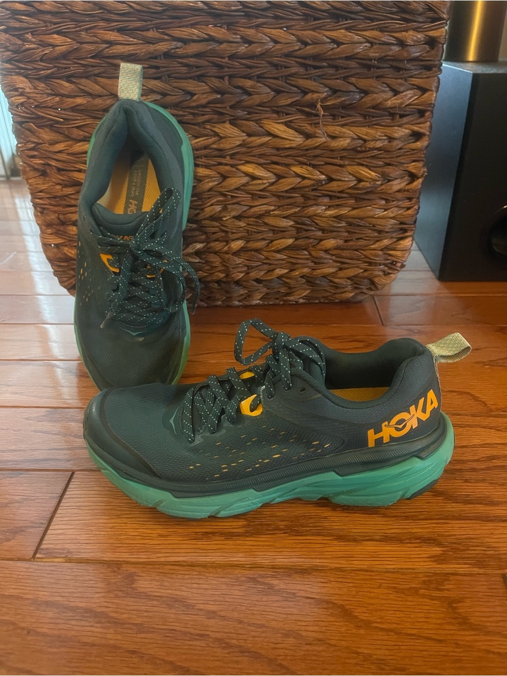 Hoka Women's challenger Dark Teal Trail Sneakers with Orange Logo
